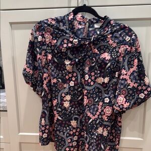 LOFT Blue Graphic Blouse with Sailor Collar